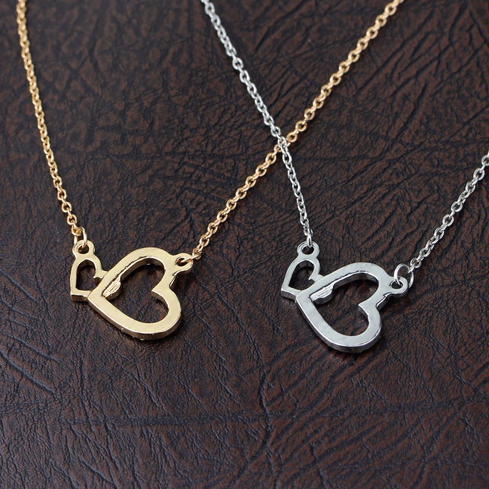Funny Dazzling Double Crystal Heart Link Design Necklace Golden Silvery Valentine's Day Women Girls Jewelry Gift