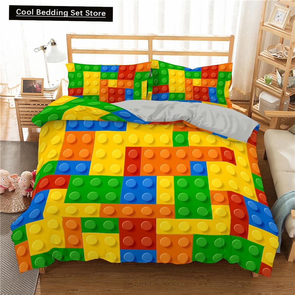 Colorful Toy King Queen Duvet Cover 3D Building Block Pattern Bedding Set Fun Brick Quilt Cover Gradient Rainbow Comforter Cover