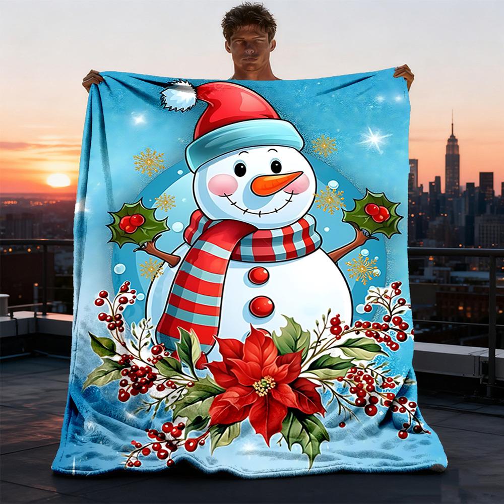 1pc Christmas Snowman Outdoor Flannel Blanket Soft All Season Polyester Throw , Perfect for Picnics & Travel , Picnic Accessory