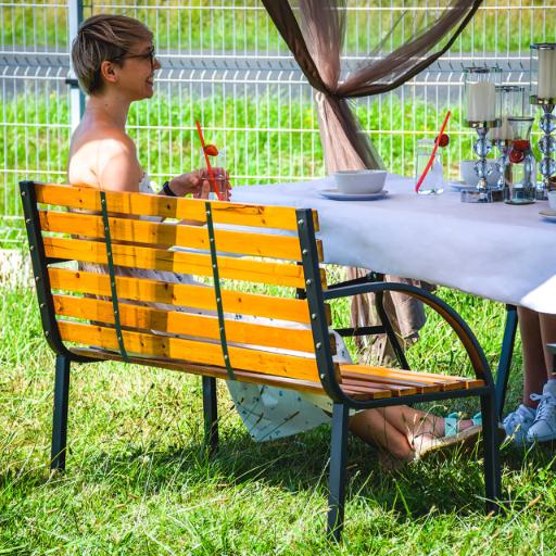 Wooden garden bench, cemetery bench, metal park bench with backrest, large