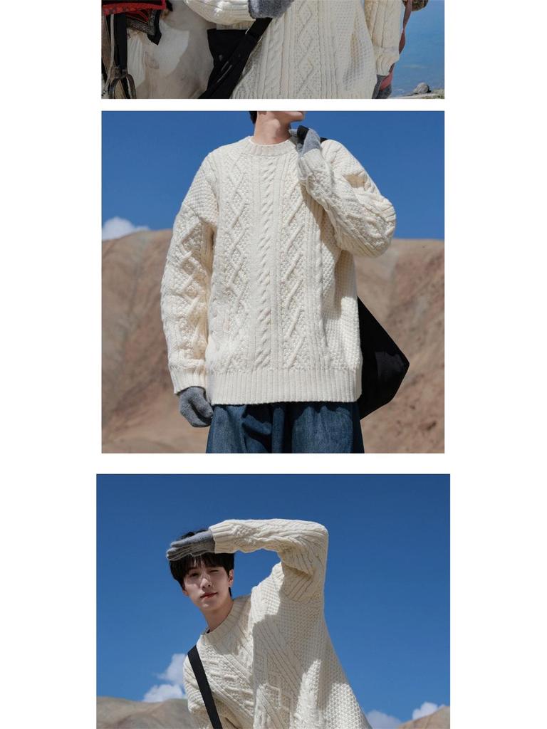 Men's Japanese Retro Hong Kong Literary Knit Sweater - Twisted Pattern, Round Neck, Autumn Casual