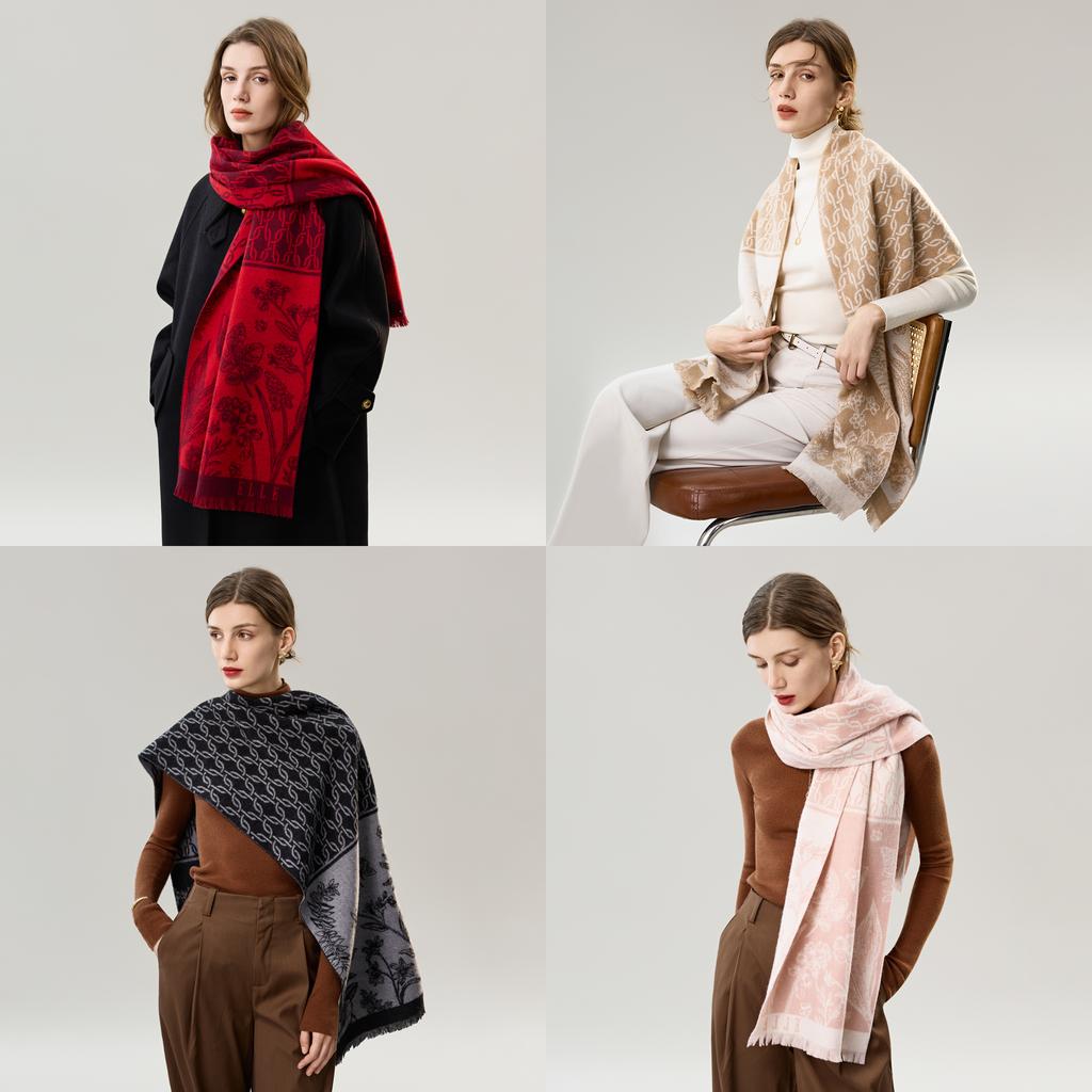 ELLE 100% Sheep Wool Flower Jacquard Scarf
