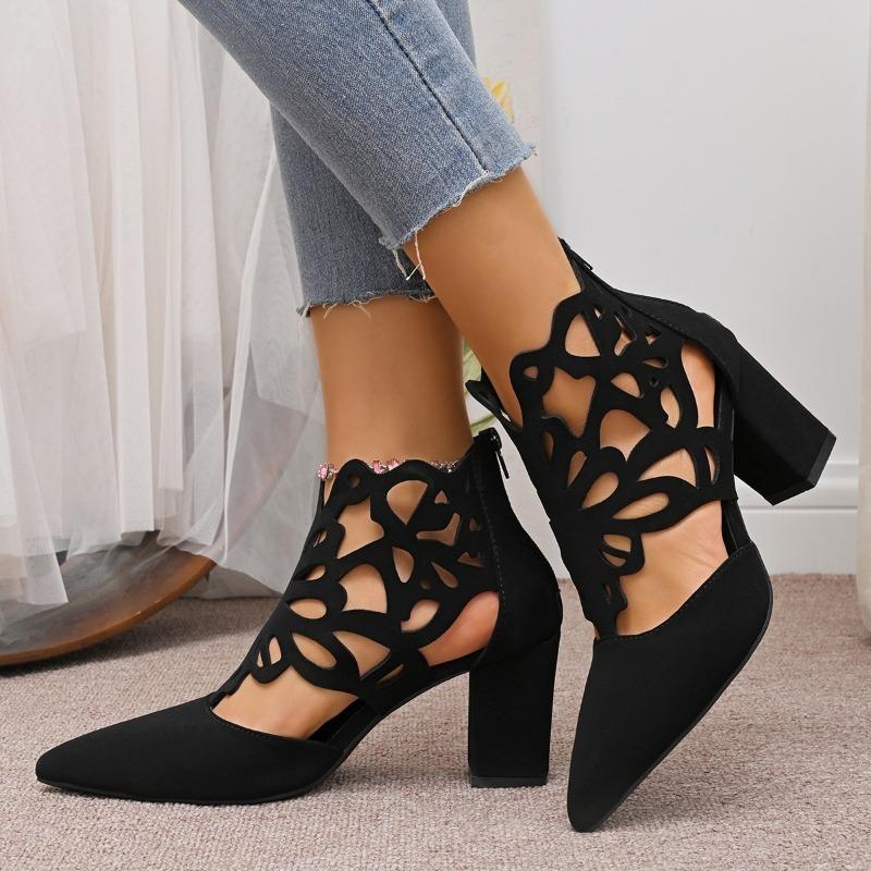 Summer new thick heel high heels women's fashion hollow zipper pointed sandals women's summer bag head cool boots