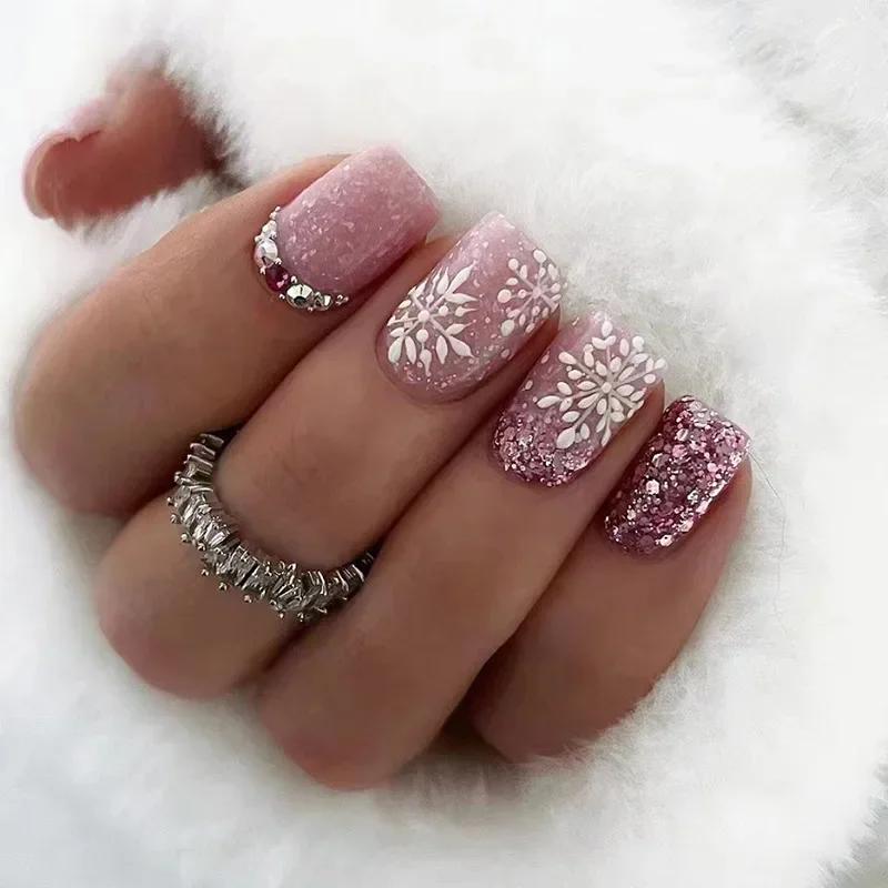 24Pcs Simple Square False Nails Short French Fake Nails Press On Colorful Flowers Design Full Cover Nail Tips Manicure Tools