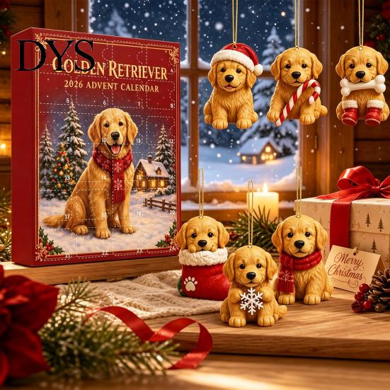 Christmas Advent Calendar Dog 2026, 24 Days Countdown with Pcs Holiday Party Supplies 2D Acrylic Cute Pendants, Lovers Gift for Tree Decor Box Kids