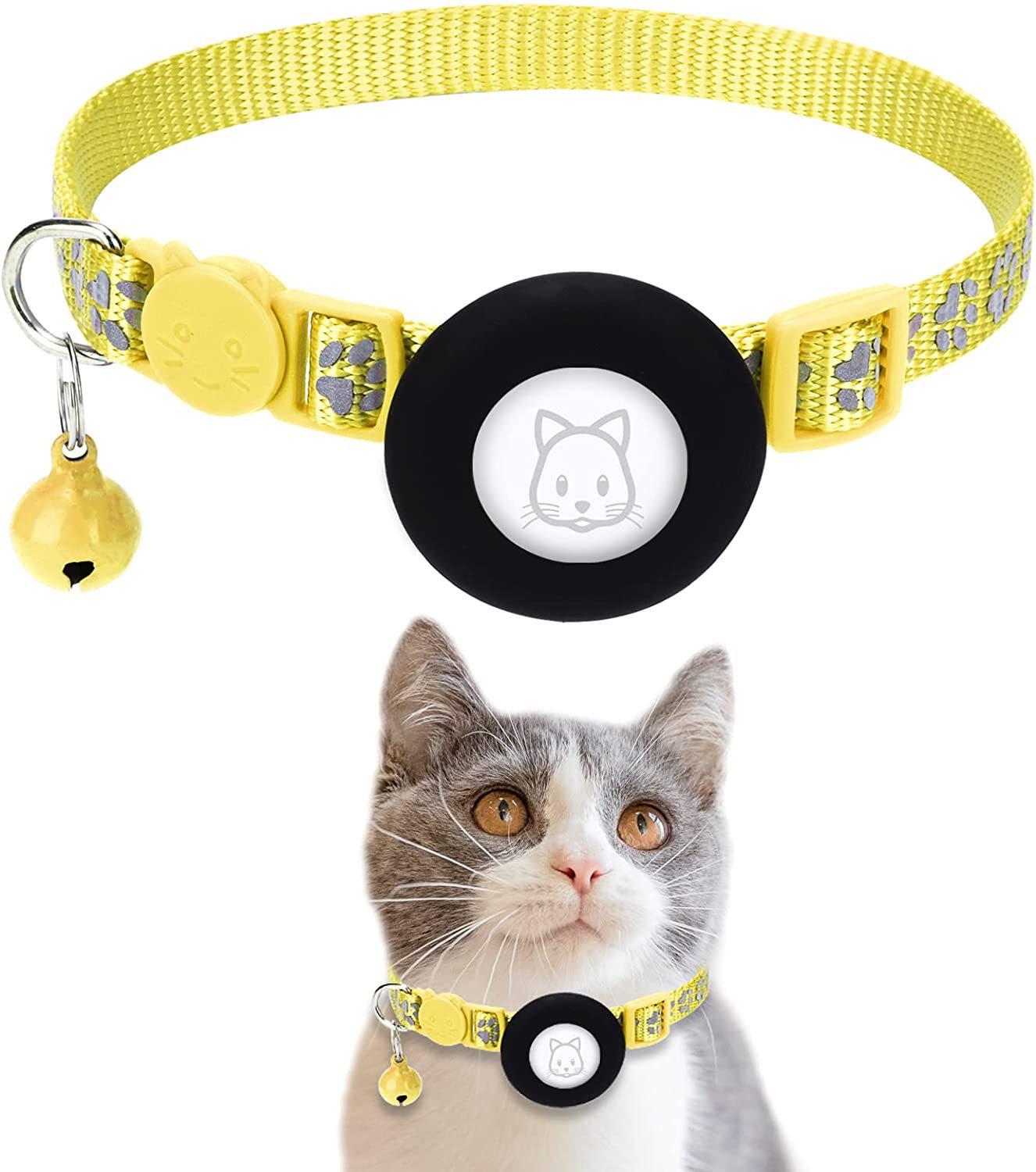 

Cat Collar with For AirTag Bracket Cat Protection Cover Reflective Paw Print Collar with Bell Adjustable Safety Kitten Collar