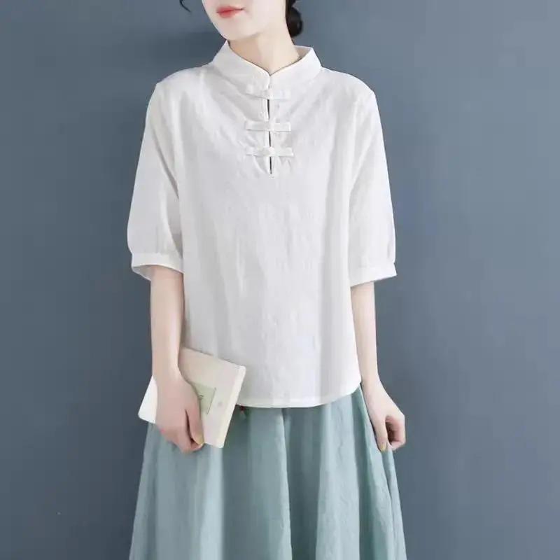 Women's Pure Cotton Clearance Retro Buttoned Cotton and Linen Mid-sleeve Shirt Chinese Style Stand Collar Top