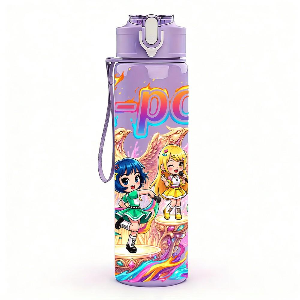 1PC Kpop Pastel Girls Cartoon Pattern 750ml Color Plastic Sports Water Bottle Leakproof Flip Straw Lid Suitable for Sports Office Home Use