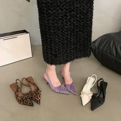 Fashion Women's High Heels Leopard Thin Heels Sandals 2025 New Summer Pointed Bow Elegant Medium Heel Women's Shoes Slingbacks Pumps