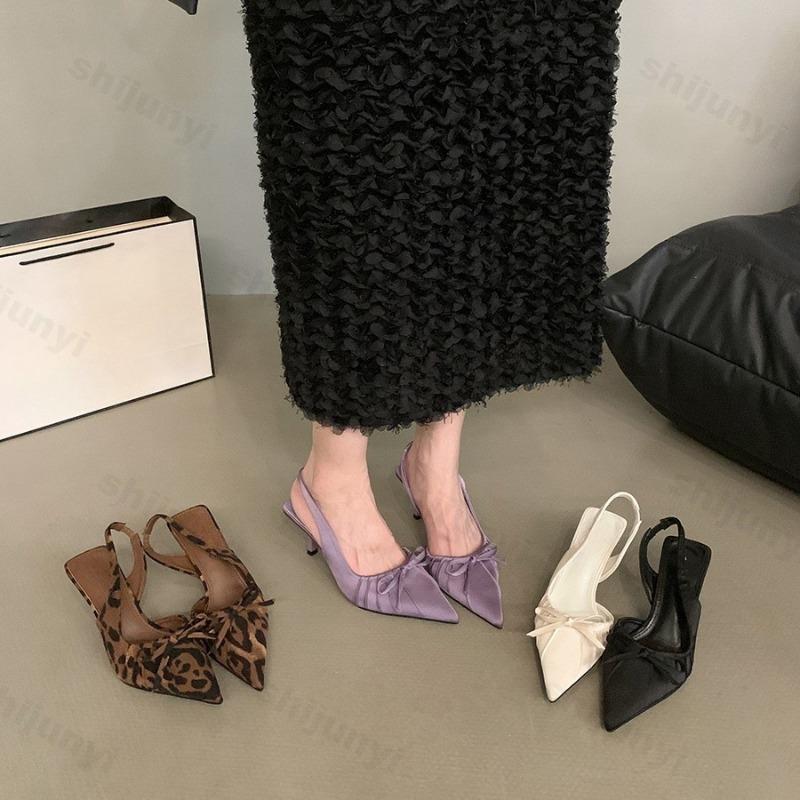Fashion Women's High Heels Leopard Thin Heels Sandals 2025 New Summer Pointed Bow Elegant Medium Heel Women's Shoes Slingbacks Pumps