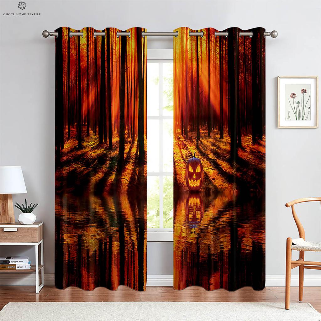 Cartoon Print Curtains, Horror Skull, Pumpkin, Bedroom, Living Room, Restaurant, Holiday Party, Decorative, 2 Pcs