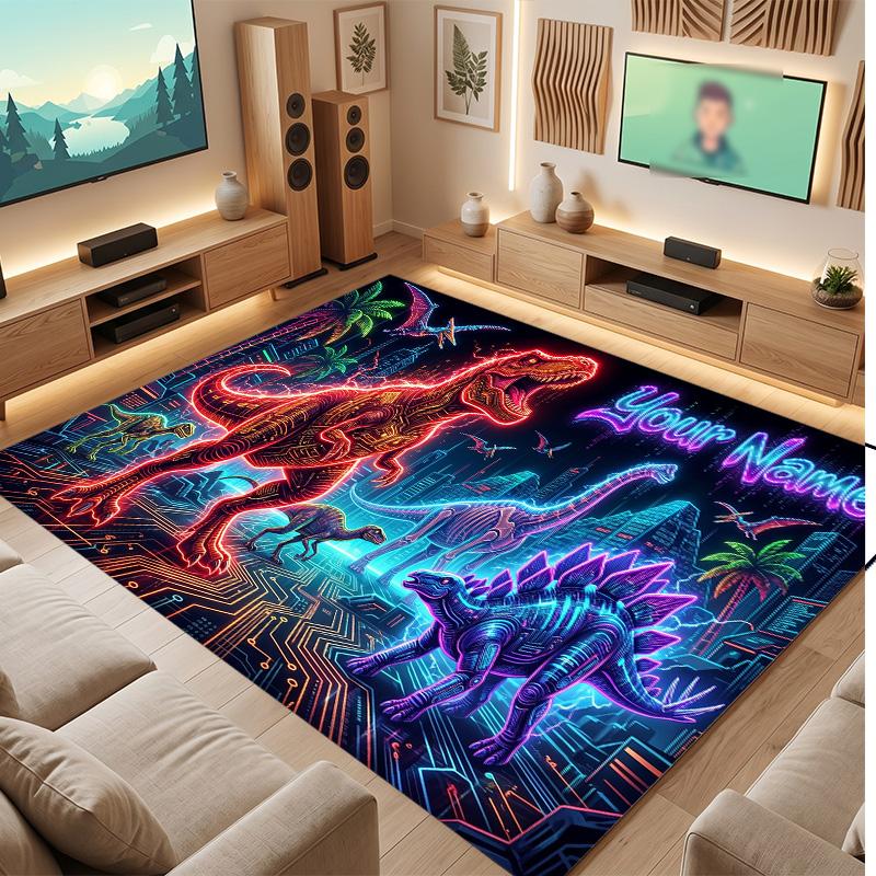 Dinosaur Theme Soft Crystal Velvet Rug Custom Name & Text Print Non Slip Floor Rug for Bedroom Living Room