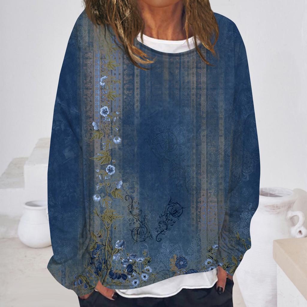 Women's Casual Fashion Vintage Printed Long Sleeve O-Neck Sweatshirt Layer Pullover Top