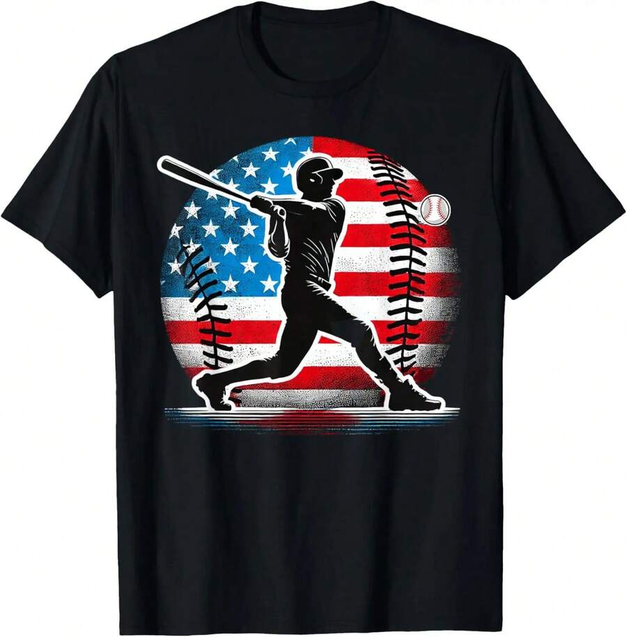 American Flag Baseball Batter Graphic Tee Patriotic USA Sports Silhouette Short Sleeve Shirt S
