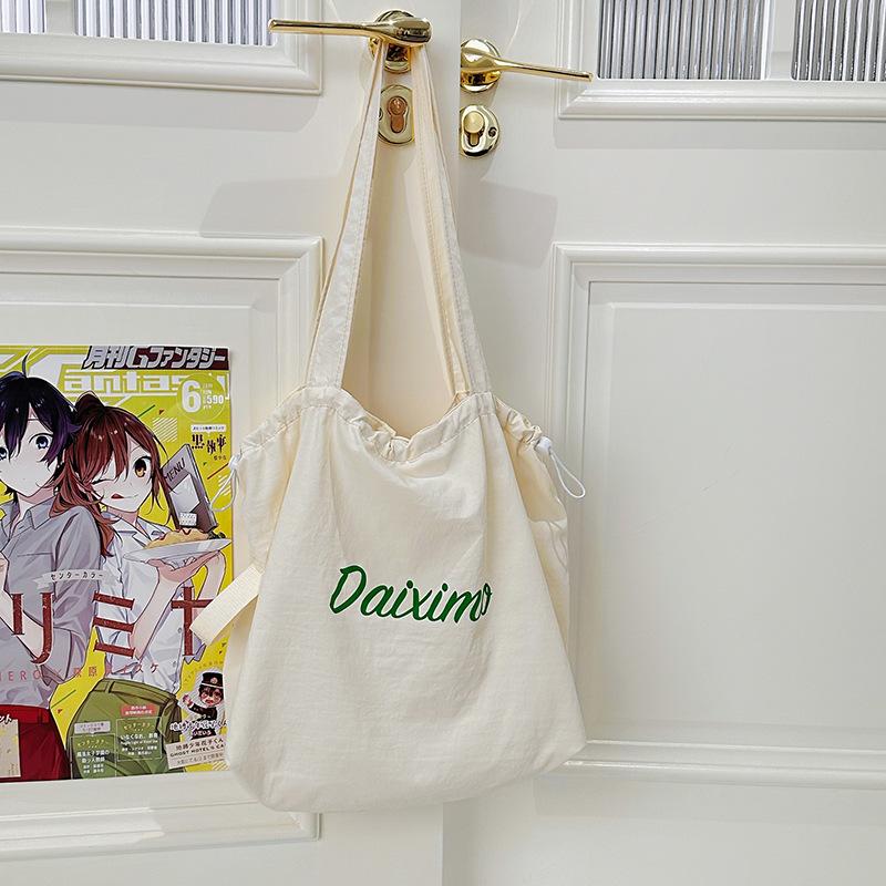 Korean New Drawstring Tote Bag Letter Printed Bag for Women Large Capacity Nylon Casual Versatile Portable Shoulder Bag