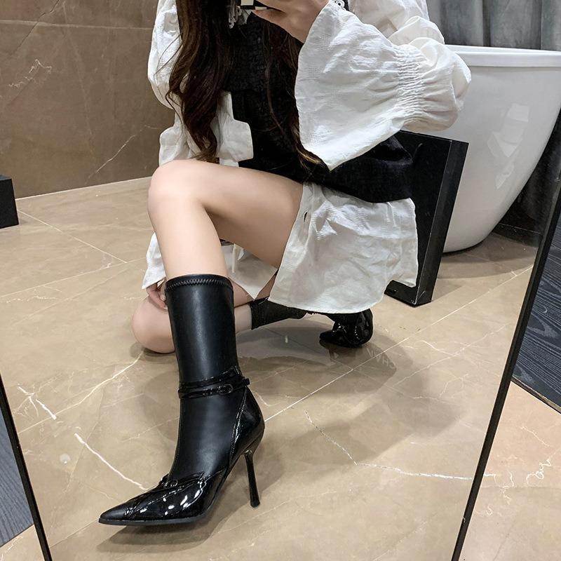 Pointed Fashion Medium Boots Women's Thin Heels Autumn and Winter New Design Cross Strap High Heels Thin Boots