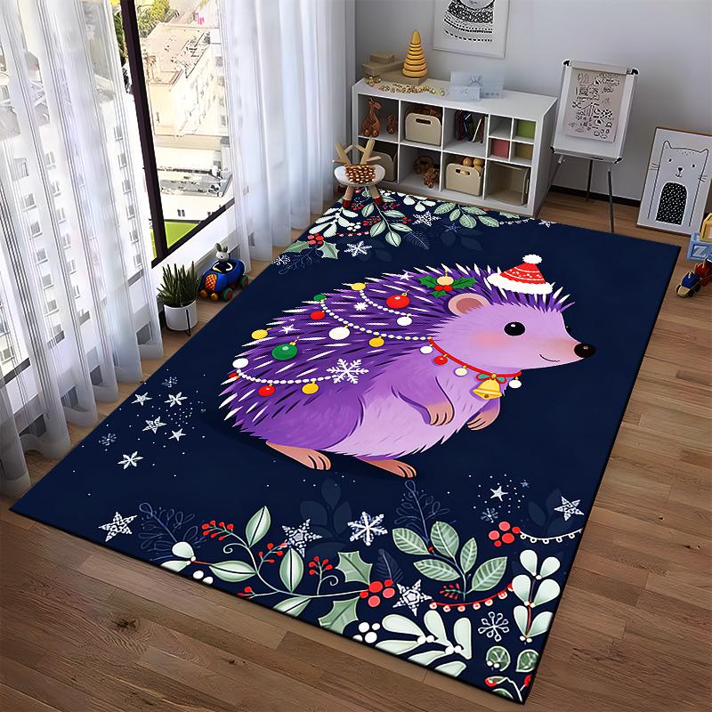 Purple Hedgehog Christmas Design Area Rug with Festive Decorations Suitable for use as an anti-slip for living room bedroom sofas