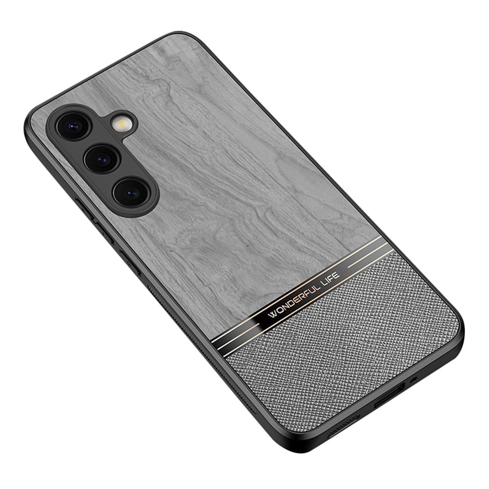 

For Samsung Galaxy S25 Case Wood Texture Leather Coated TPU Phone Protective Cover Grey