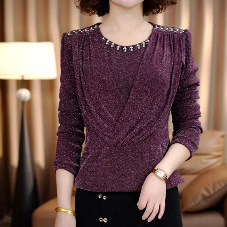 In Stock: Elegant Floral French Spring Blouse with Beaded Lace & Round Neck - Thickened Bright Silk Base Layer