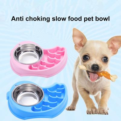 Pet Slow Feeding Bowl Cartoon Design Stainless Steel Plastic Dual Purpose Spill-proof Pet Food Water Bowl