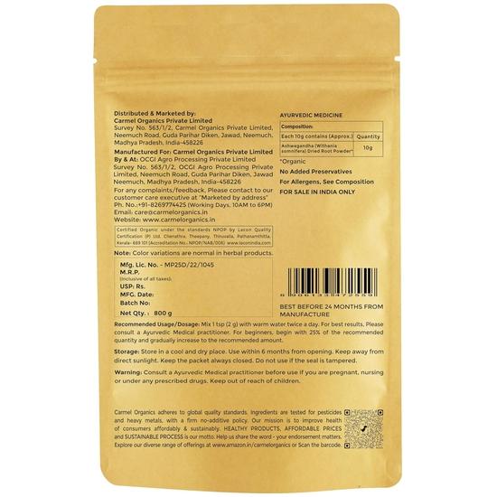 CARMEL ORGANICS Ashwagandha Root Powder (800 Grams), Jaivik Bharat Certified, Natural| Ashwagandha Podi/Amukkara Kizhangu/Asvagandha Churna