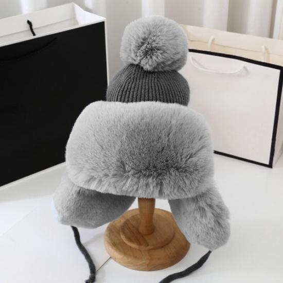 Lady Warm Knitted Faux Fur Beanie Hat Fleece Lined Ear Flaps Sherpa Ski Pom Pom