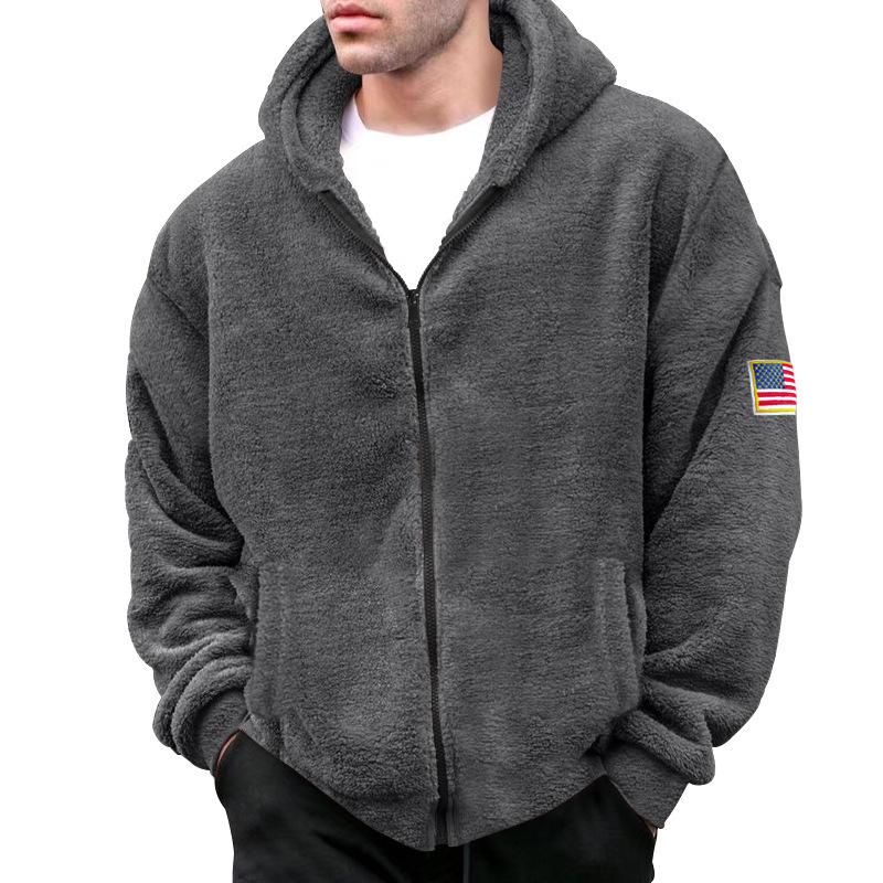 Men's 2023 Double-Sided Fleece Hooded Flag Logo Jacket