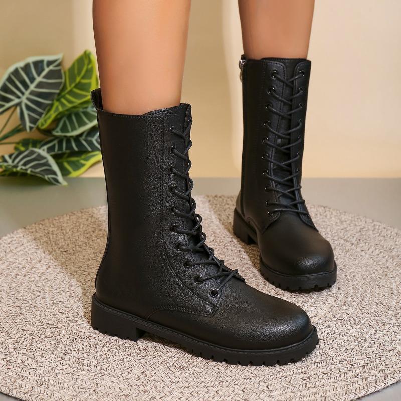 Damen Runde Zehenpartie Mittelhohe Reitstiefel, Seitenreißverschluss Britischer Stil Lederstiefel, Große Größen Herbst Winter Schuhe