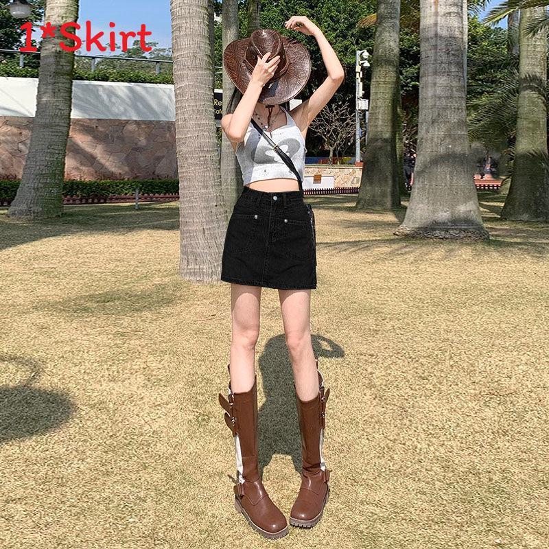 Denim Skirt A Line High Waist Slim Fit With Vintage Wash For Casual Wear