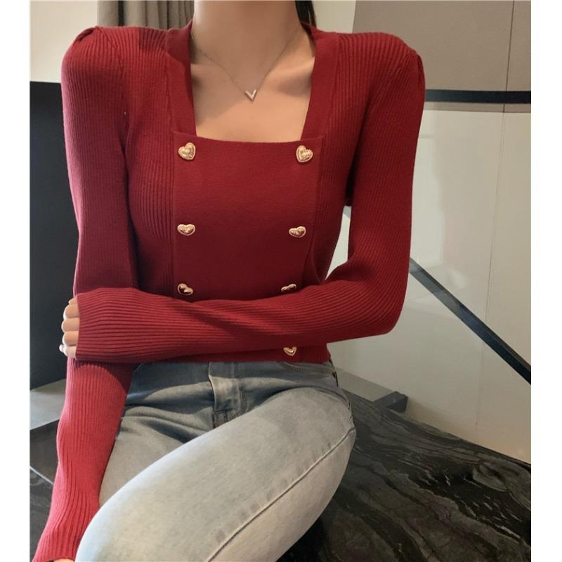 Autumn New Korean Version of Square Neck Dew Collarbone Sweet Long-sleeved Shirt Love Double-breasted Knitted Sweater Women
