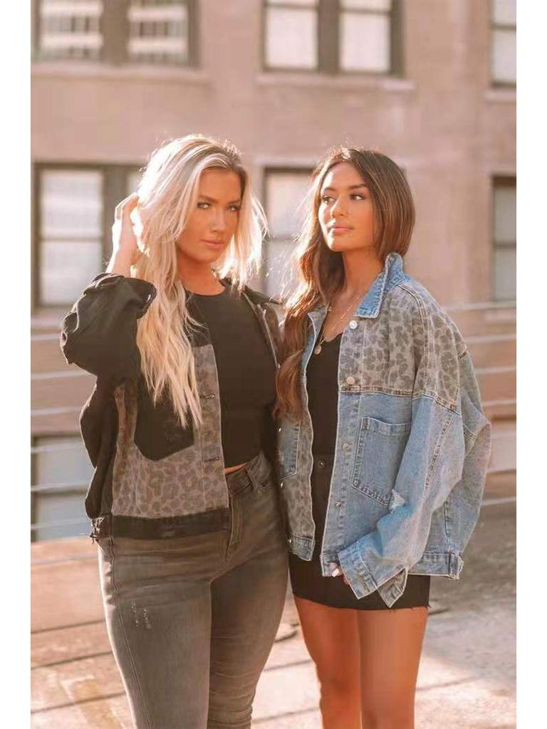 Women's Leopard Print Long Sleeve Denim Jacket - European and American Style for Autumn and Winter.