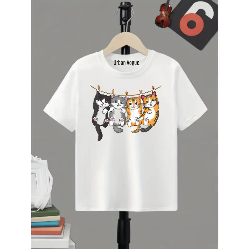 Camiseta Infantil menina Gatinhos no Varal Blusa Básica Menina de Manga Curta com Estampa