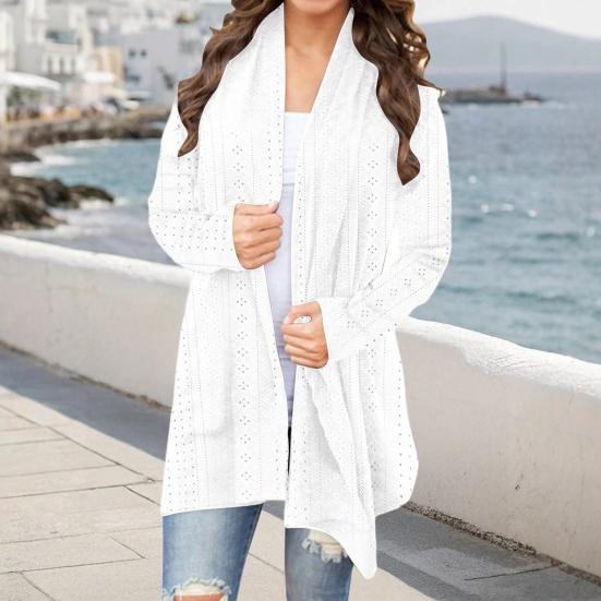 Women's Long Crochet Cardigan Sweater Long Sleeve Open Front Knitted Coat Fall Casual Hollow Eyelet Outwear