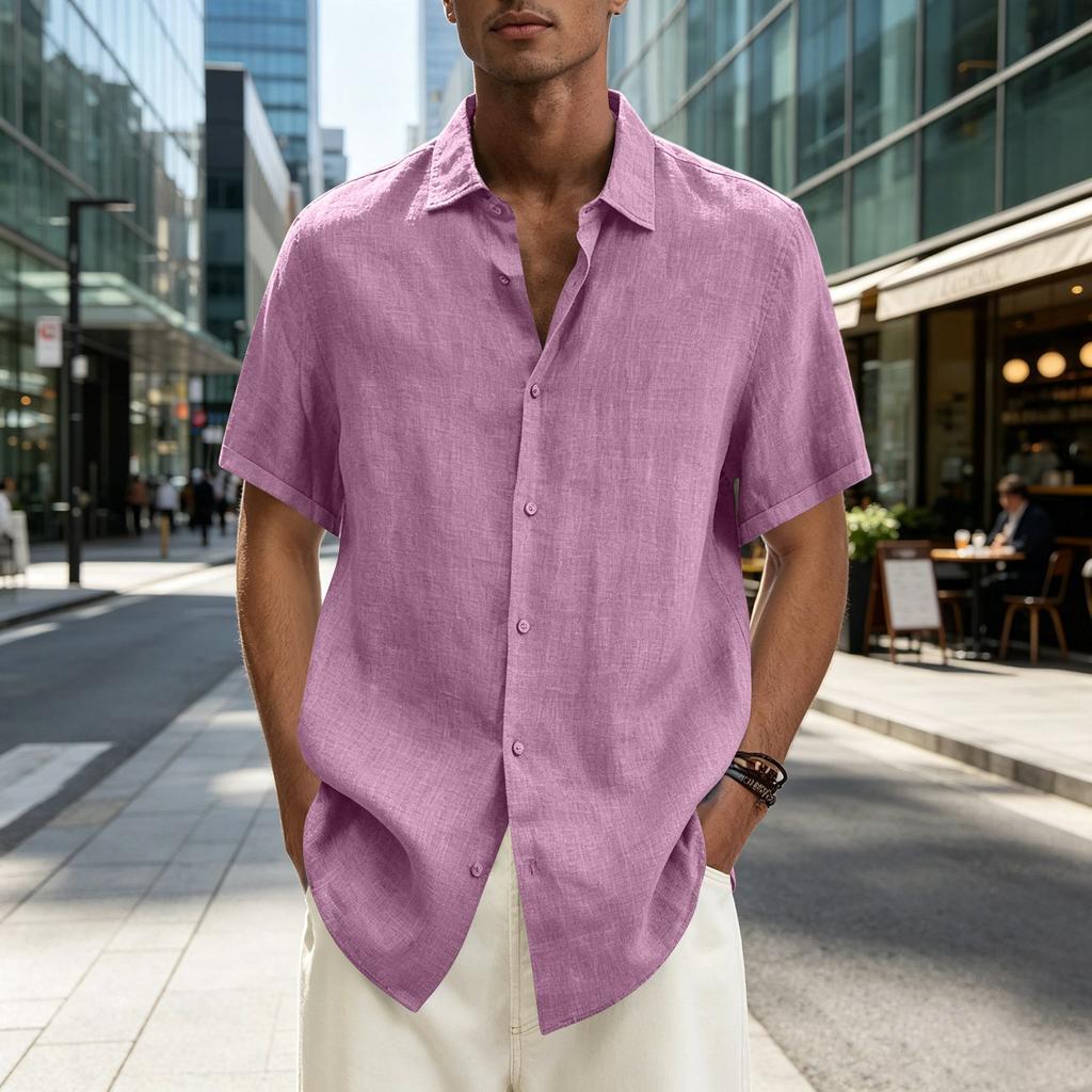 Men's Short Sleeve Button Down Shirt Lightweight Linen Blend Casual Loose Fit Summer Top with V Neck Collar