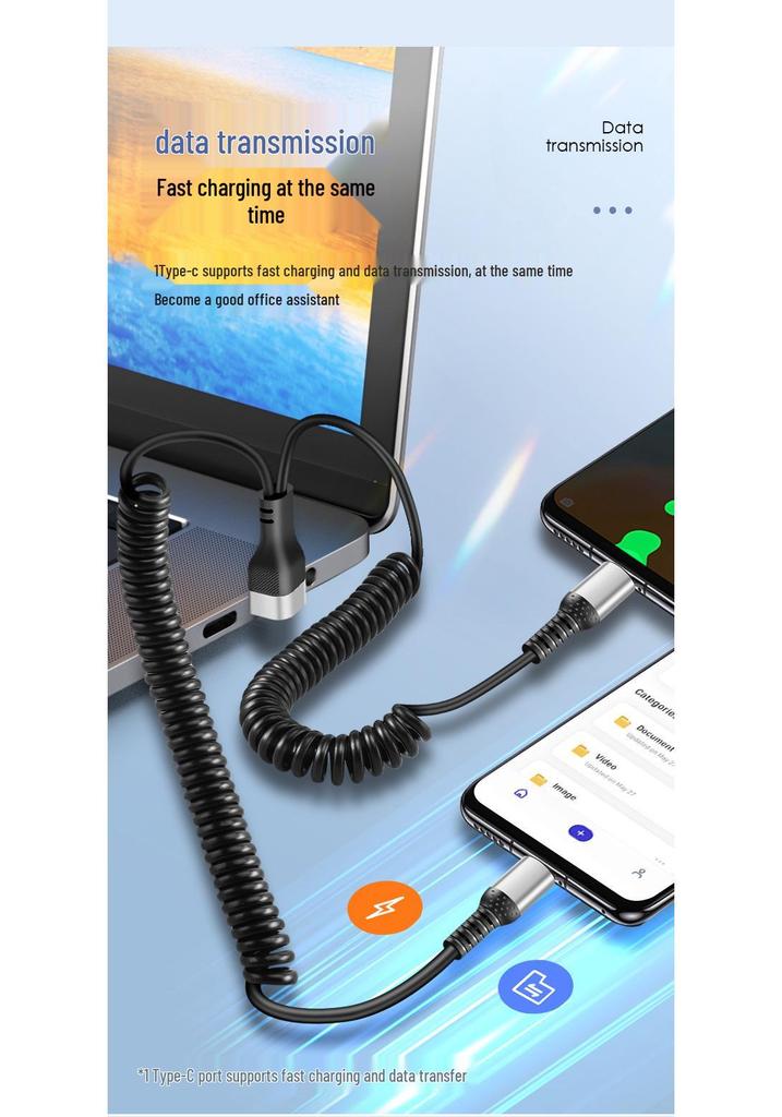 66W Retractable Elbow Splitter Data Cable for Apple, Huawei, Type-C, Fast Car Charging