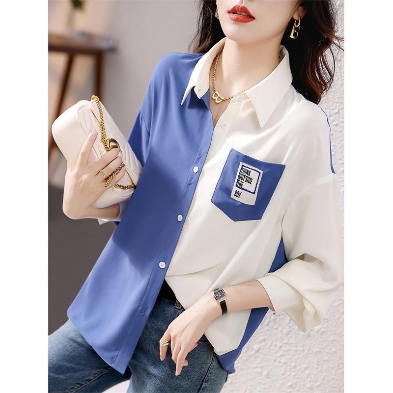 Spring Autumn Women's Color Blocked  Blouses Shirts Lady Casual Long Sleeve Turn-down Collar Patchwork Printed Tops
