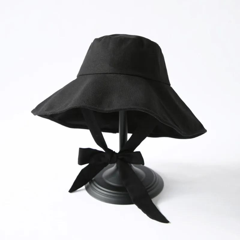 Summer Spring Tie Bucket Hat Women Big Brim Fisherman Hat Foldable Sunscreen Chic Cotton Linen Beach Sun Hat
