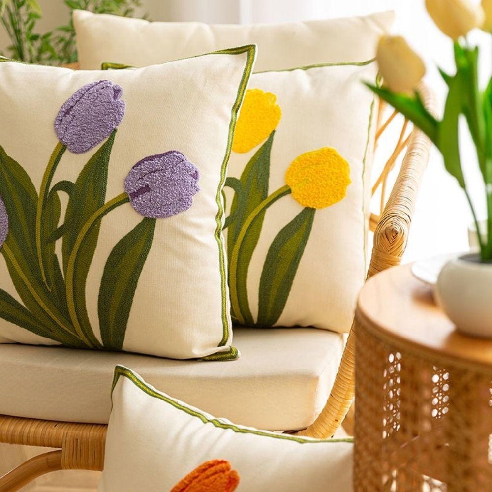 Pastoral Style Tulip Pattern Pillowcase Square Cushion Cover Throw Pillowcover  Living Room/Office