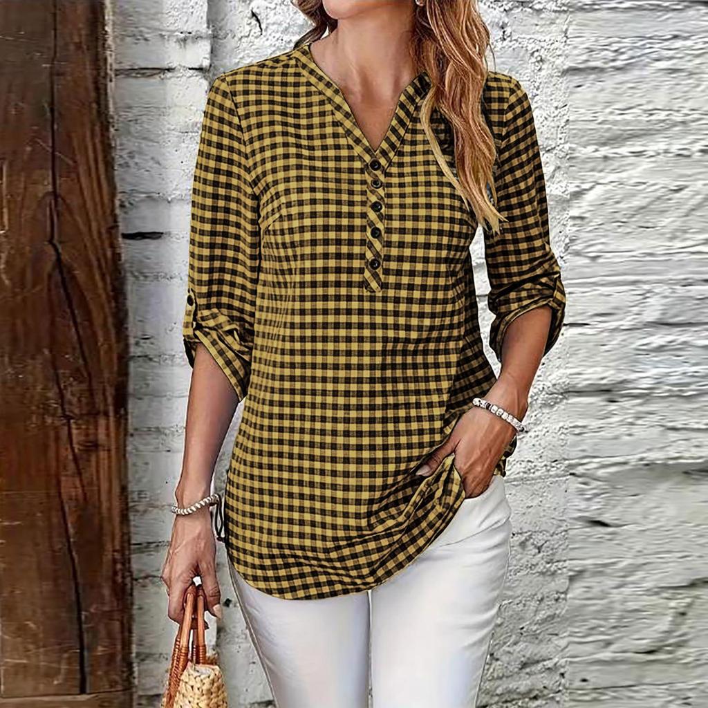 Women's Casual Plaid V Neck Long Sleeve Loose Fit Shirt Top