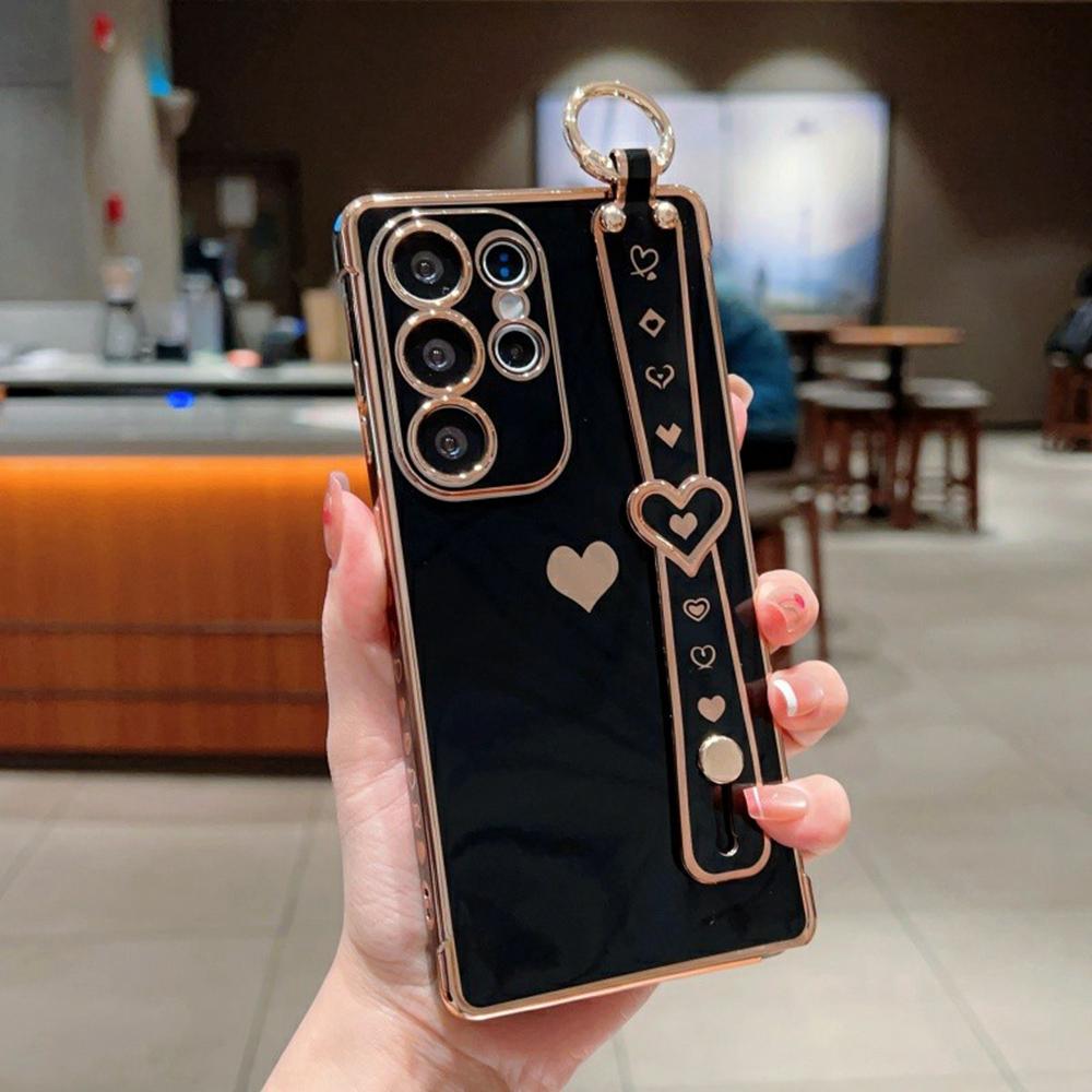 For Samsung Galaxy S26 Ultra Case Wristband Kickstand Electroplated Love Heart TPU Phone Cover Finger Holder