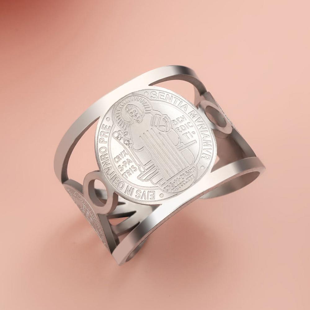 

Stainless Steel Religious Adjustable Ring for Men Catholic Christian Faith Amulet Saint Benedict of Nursia Finger Rings Jewelry resizable
