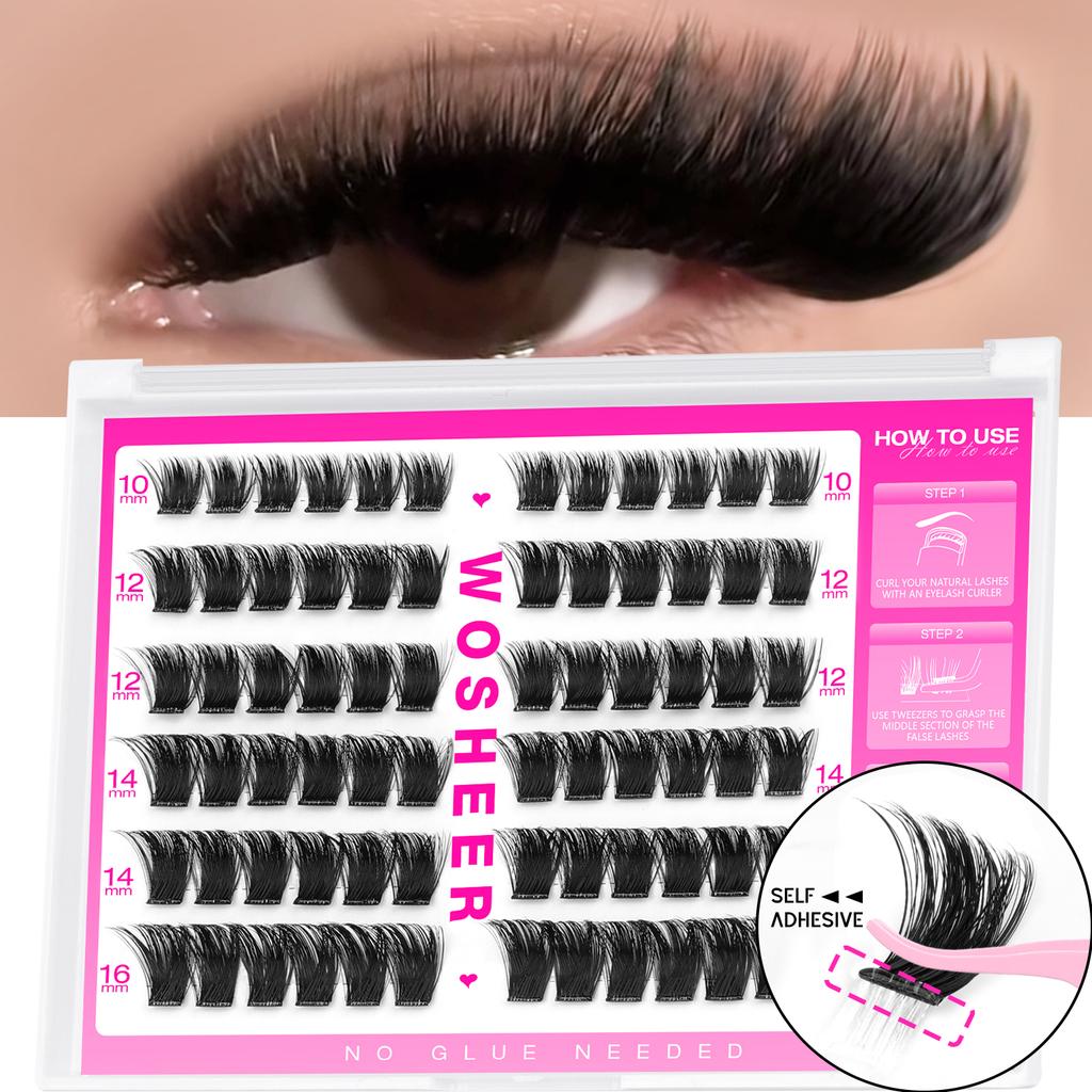 WOSHEER Selbstklebende Wimpern-Cluster Vorgeklebte Wimpern-Cluster Ohne Kleber Benötigt Wimpern Wispy Wimpernverlängerungen Einzelwimpern