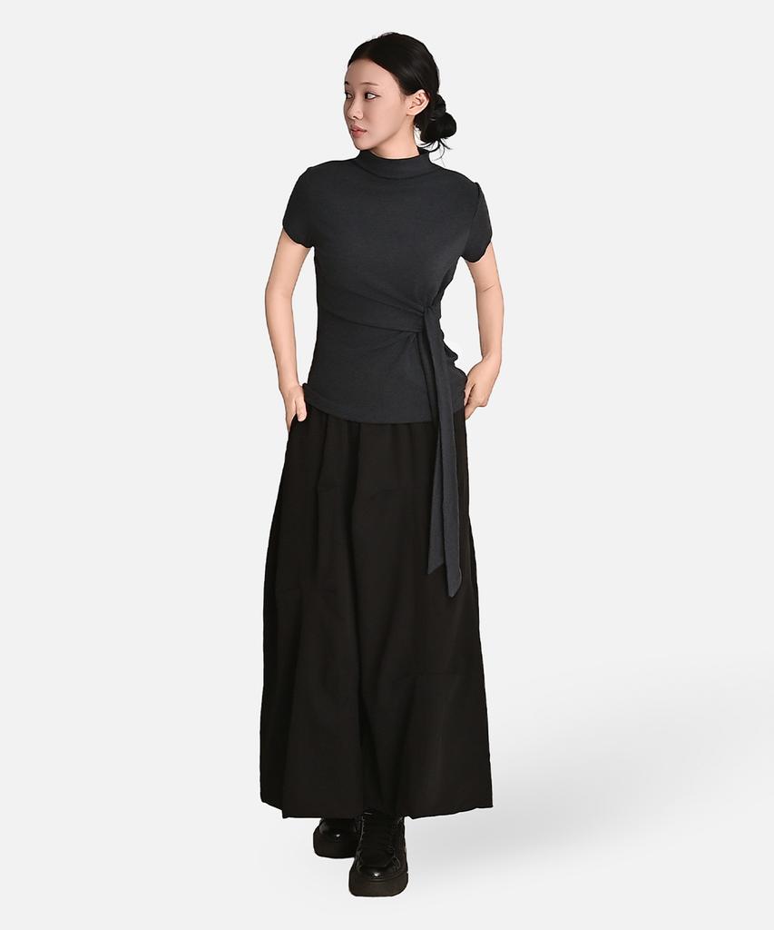 Keulleiseu Short Sleeve T-Shirt With Waist Ribbon Detail_Brown