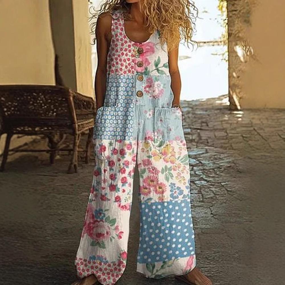 Damen Ärmelloser Jumpsuit mit Blumenmuster, Knopfleiste vorne und Seitentaschen