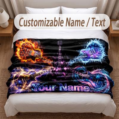 Couverture Douce Thème Guitare Musique Personnalisée Nom Personnalisé Impression Texte Couverture Chaude Décoration Canapé Maison Chambre