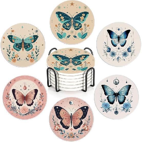 Drink Coasters Set of 6 with Holder, Cute Cats Absorbent Ceramic Coasters with Cork Base,Fit All Cups,Great Gift for Housewarming,Room