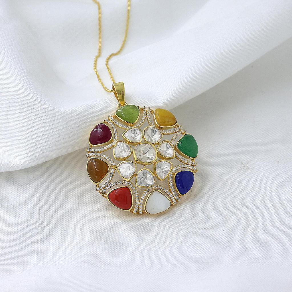 Moissanite Gold Plated Pendant, Indian Kundan Pendant 925 Sterling Silver Handmade Jewelry Women Polki Jewelry