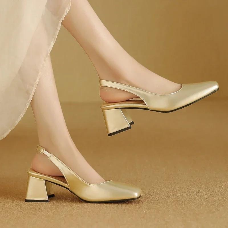 Elegant Slingback Sandals Women Summer Shoes Pink Black Nude Medium Heels Pumps Close Toe Office Party Shoe Female Large Size 45
