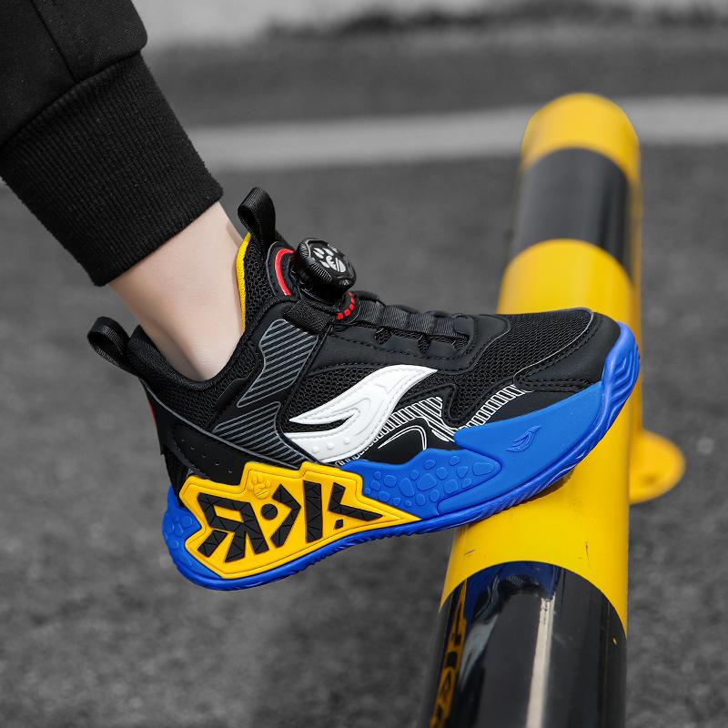 Boys' sports shoes 2025 spring and autumn new mesh medium and older children's running shoes rotating buckle breathable children's basketball shoes