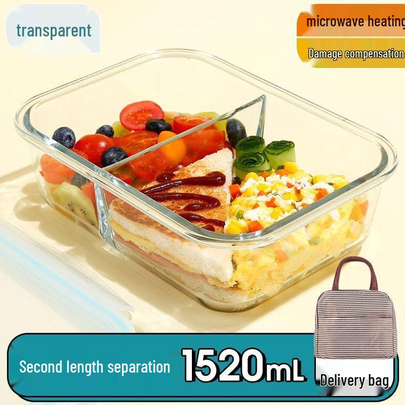Microwaveable Transparent Glass Bento Lunch Box with Lid and Fresh-Keeping, Includes Damage Compensation.